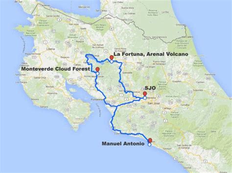 Map of Arenal, Monteverde, Manuel Antonio Driving Route