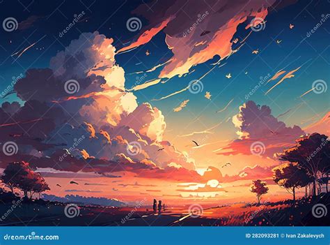 Afternoon Sunset Sky Clouds Landscape - Anime Background Illustration. Ai Generative Stock ...