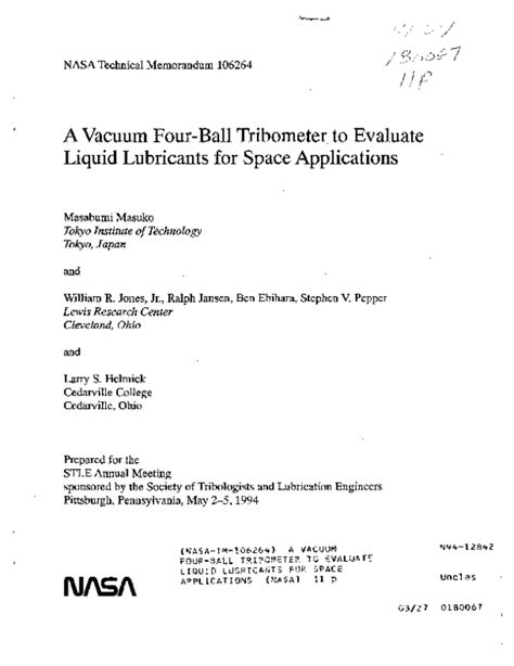 (PDF) A Vacuum Four-Ball Tribometer to Evaluate Liquid Lubricants for ...