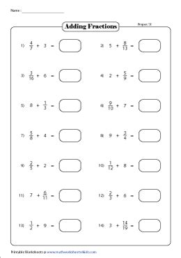 Adding Fractions with Whole Numbers Worksheets