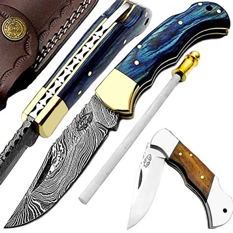 Pocket Knife Blue Wood 6.5'' Handmade Damascus Steel Pocket Knife for ...