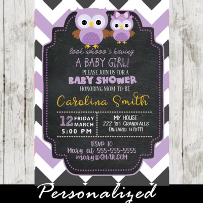 Gray and Purple Chevron Owl Baby Shower Invitations - Personalized - Cupcakemakeover