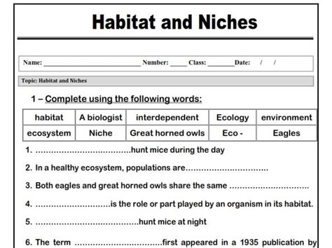 Habitat and Niches "worksheet" | Teaching Resources