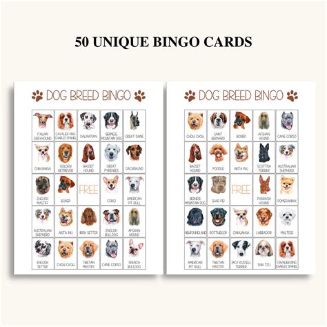 50 Printable Dog Bingo Cards Dog Breed Picture Bingo Dog Themed Birthday Party Game Puppy Party ...