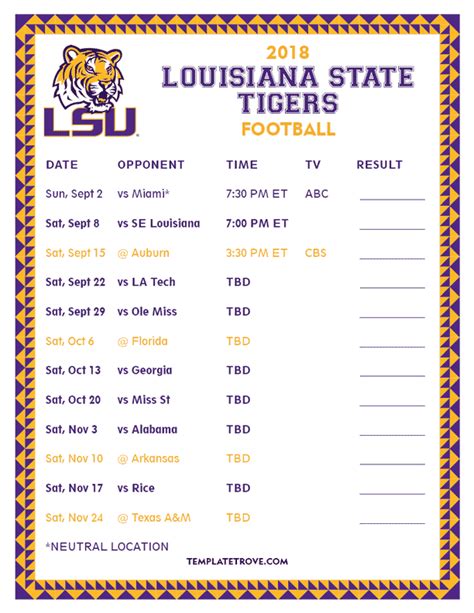 Printable 2018 LSU Tigers Football Schedule