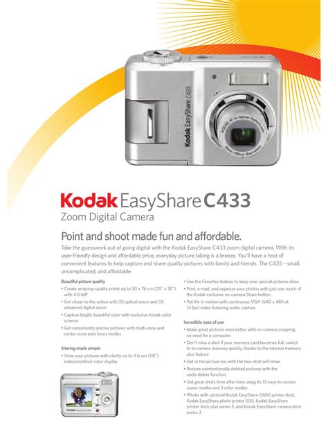 KODAK EASYSHARE C433 SPECFICATIONS Pdf Download | ManualsLib