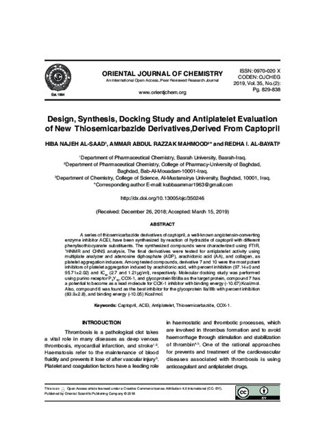 (PDF) Design, Synthesis, Docking Study and Antiplatelet Evaluation of New Thiosemicarbazide ...