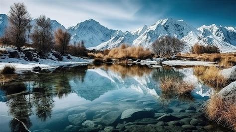 Premium AI Image | A snowy mountain landscape with a blue lake and snowy mountains in the ...