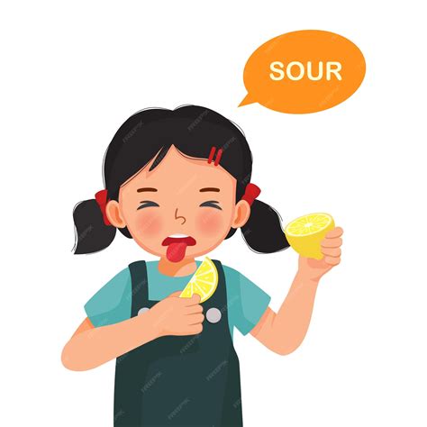 Premium Vector | Cute little girl holding lemon showing sour taste of ...