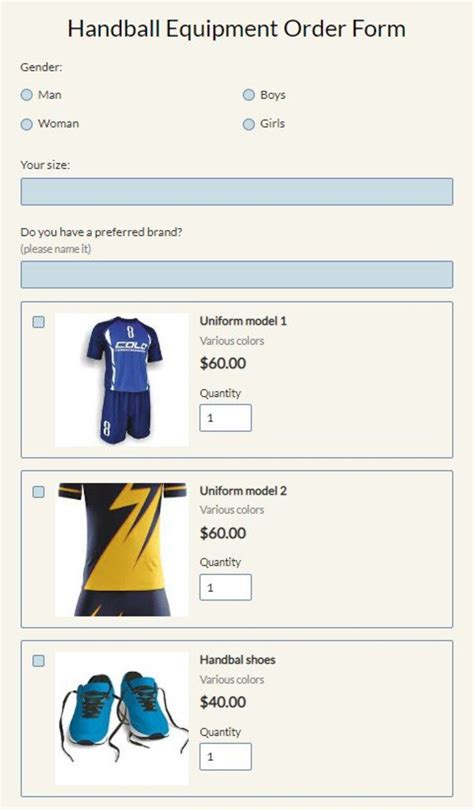 Handball Equipment Order Form Template | 123FormBuilder