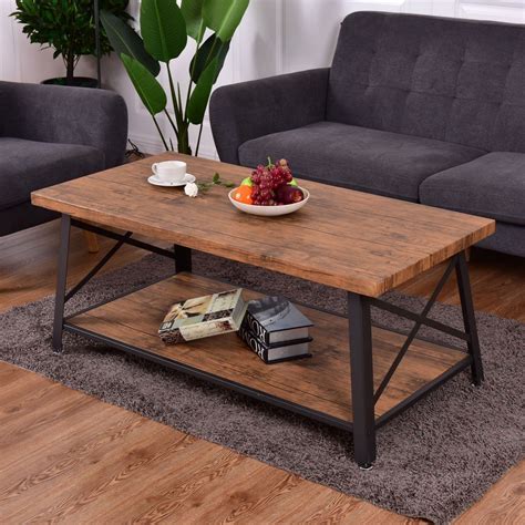 Rectangular Metal Frame Wood Coffee Table with Storage Shelf! | Coffee table wood, Coffee table ...