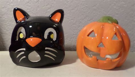 2 Ceramic HALLOWEEN CANDLE HOLDERS - ORANGE PUMPKIN & BLACK CAT FALL DECOR - NEW #Unbranded
