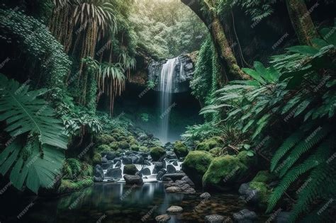 Premium Photo | Waterfall in the green forest with lush greenery