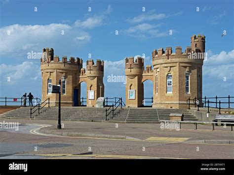 Castellated pier towers, Withernsea, East Yorkshire, England UK Stock ...