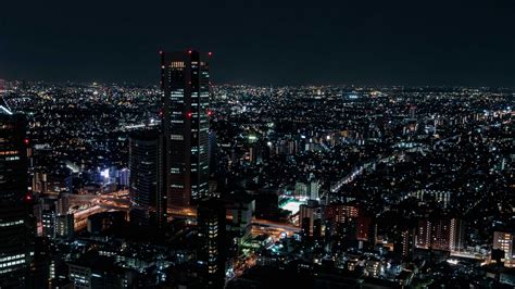 night city, aerial view, city lights, overview, skyline, night, 4k HD ...