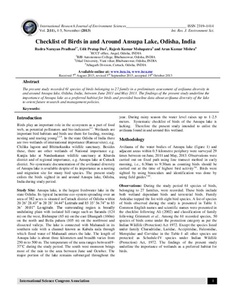 (PDF) Checklist of Birds in and Around Ansupa Lake, Odisha, India | Udit Pratap Das - Academia.edu