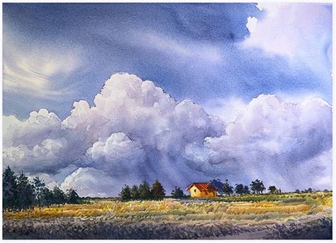 Tutorial: Watercolor painting landscape - Clouds over a field