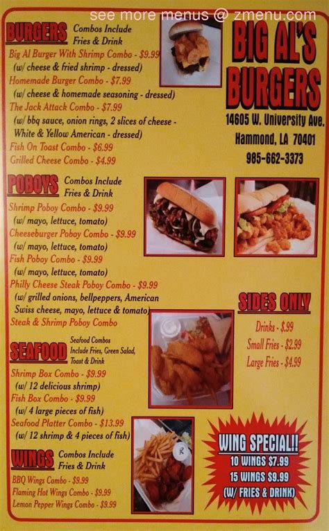 Menu at Big Al's Burgers restaurant, Hammond, W University Ave