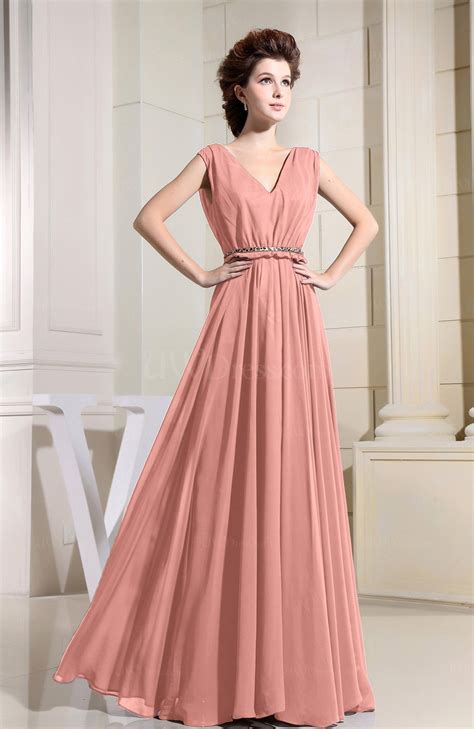 Peach Casual V-neck Sleeveless Chiffon Pleated Bridesmaid Dresses ...