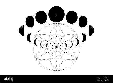 Moon Phases on Sacred Geometry. Mystical drawing geometric energy circles, magic astrology ...