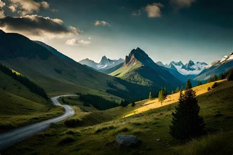 Premium AI Image | a road in the mountains with a road leading to the ...