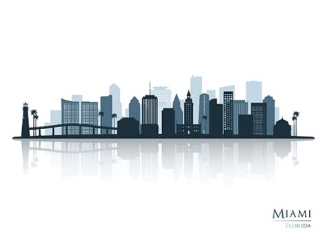 Miami Skyline Silhouette With Reflection Landscape Miami Florida Vector ...