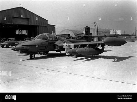 A left front view of an OA-37 Dragonfly aircraft parked on the flight ...