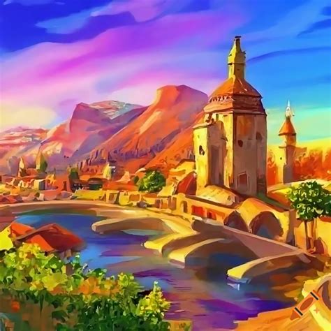 Colorful painting of a fantasy medieval city on Craiyon