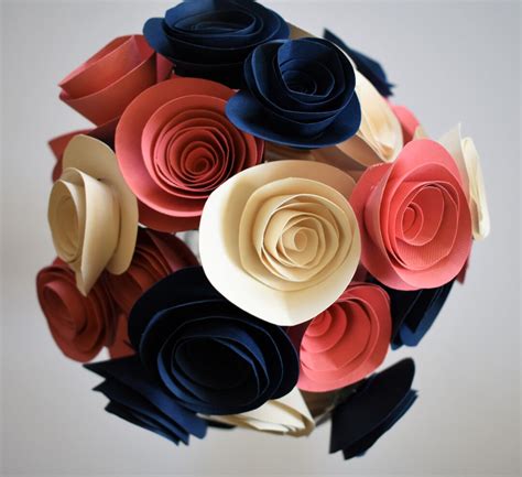 Coral and Navy Wedding, Coral, Navy, and Ivory Paper Flower Bouquet ...