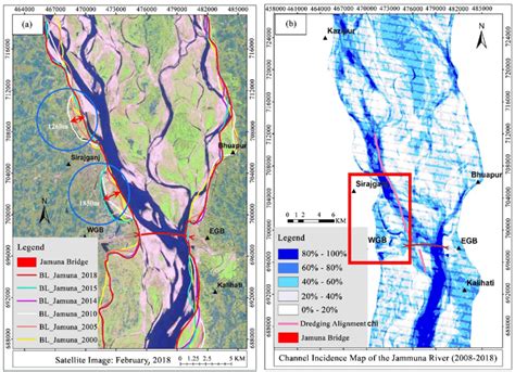 (a) Digitized bank lines and (b) Channel Incidence map of the Jamuna ...