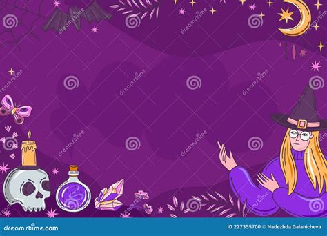 Halloween Witch Vector Background. Purple Banner Template Stock Vector - Illustration of drawn ...