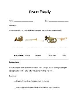 Brass Family Worksheet Assessment by Sandra Comfort | TPT