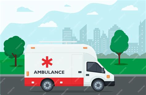 Premium Vector | Ambulance driving on the road to the hospital background of city and trees ...