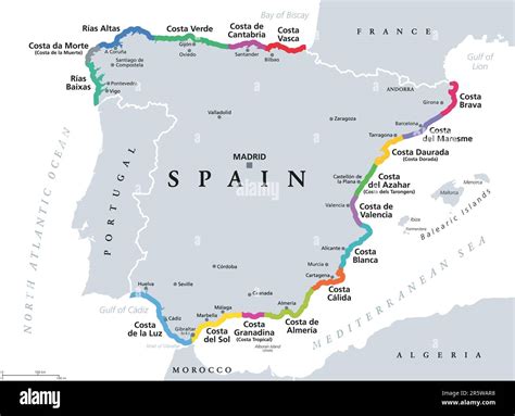 Spain, beaches and coastlines of the Spanish Riviera, political map. Spanish mainland on Iberian ...