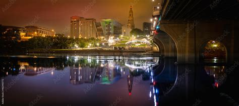 Hartford downtown night cityscape and Founder's bridge reflected on ...