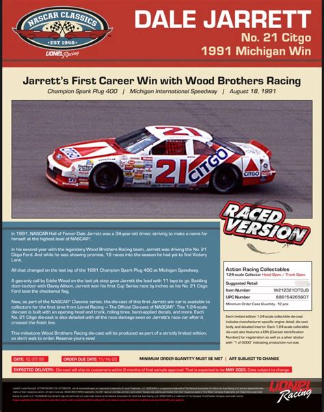 Wood Brothers Racing — Dale Jarrett First Win Diecast SIGNED