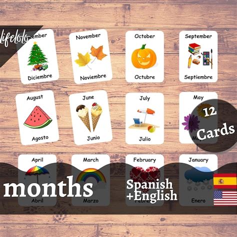 Months of the Year SPANISH Flash Cards 12 Bilingual Cards | Etsy