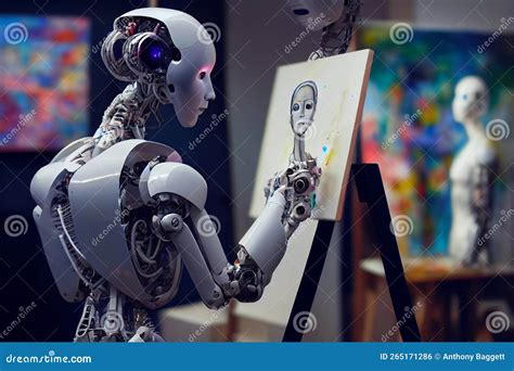 Humanoid Robot Artist Painting a Portrait on a Canvas in an Artist ...