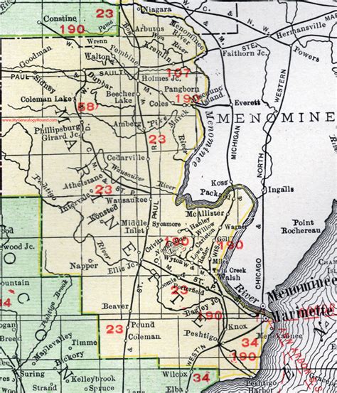 Marinette County, Wisconsin, map, 1912, Marinette City, Peshtigo, Wausaukee, Coleman, Pound ...