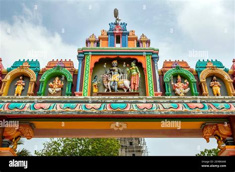 A section of the entrance arch at the Hindu Naguleswaram Temple at ...