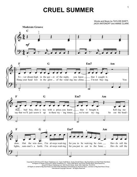 Taylor Swift 'Cruel Summer' Sheet Music and Printable PDF Music Notes ...