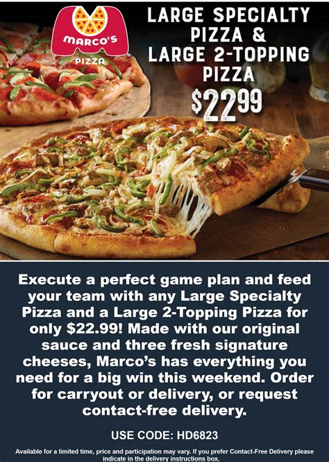 Large specialty + large 2-topping pizzas = $23 today at Marcos Pizza ...