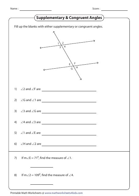 Supplementary & Congruent Angles Worksheet With Answer Key Download ...