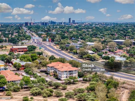 Aerial View Of Gaborone Skyline Cityscape Over Green Area And Main Mall Area Residential And ...