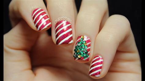 Candy Cane Stripes & 3D Christmas Tree Nail Art - YouTube