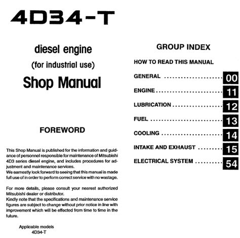 Mitsubishi 4D34-T Industrial Diesel Engine Shop Manual