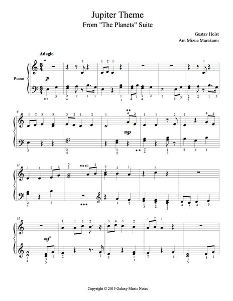 Jupiter Theme [The Planets] | Very easy piano sheet music