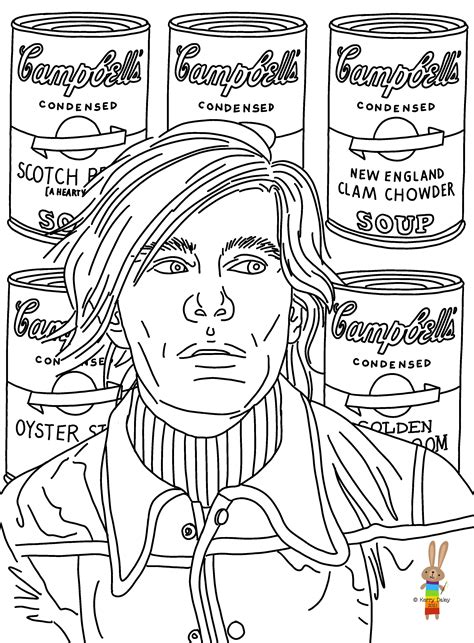 Colouring page of Andy Warhol in front of his Campbell's Soup painting ...