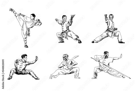 Set of hand drawing of a man showing wushu, kung fu stance. Editable ...