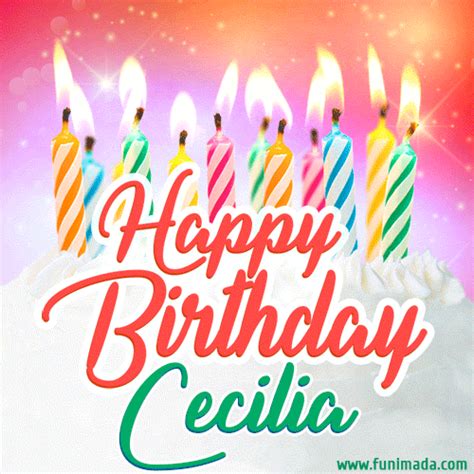 Happy Birthday GIF for Cecilia with Birthday Cake and Lit Candles | Funimada.com